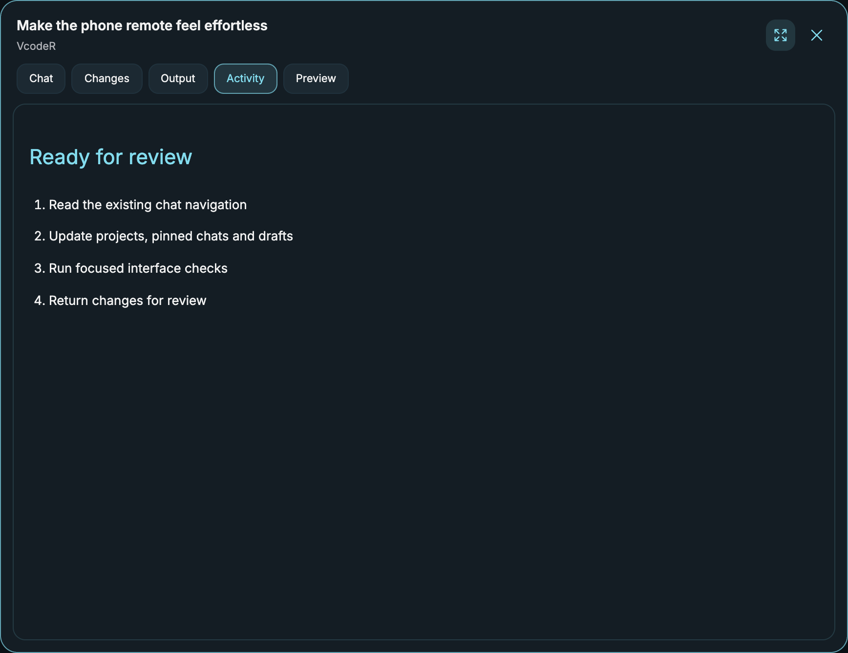 Actual VcodeR Activity UI with illustrative task data