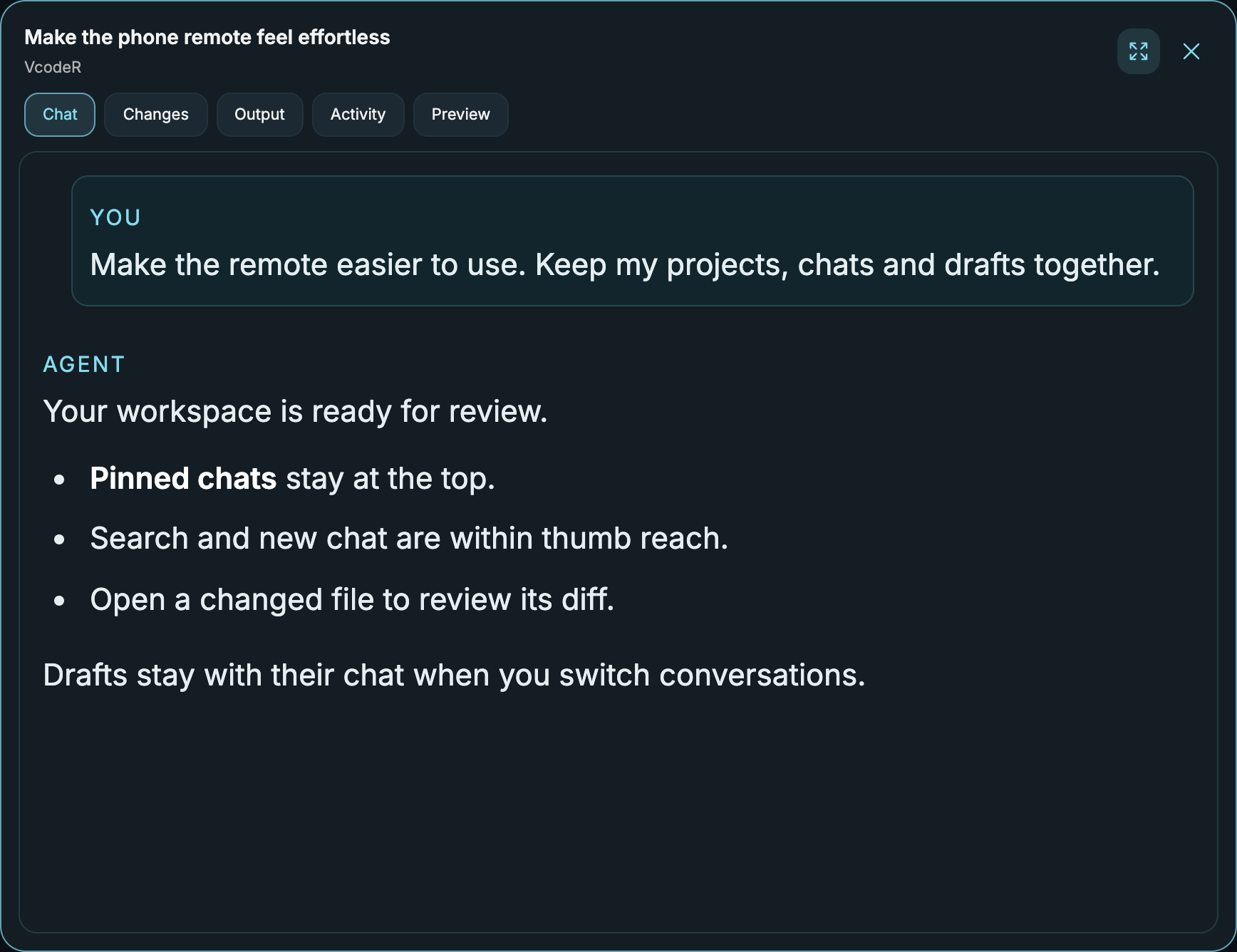 Actual VcodeR Conversation UI with illustrative task data