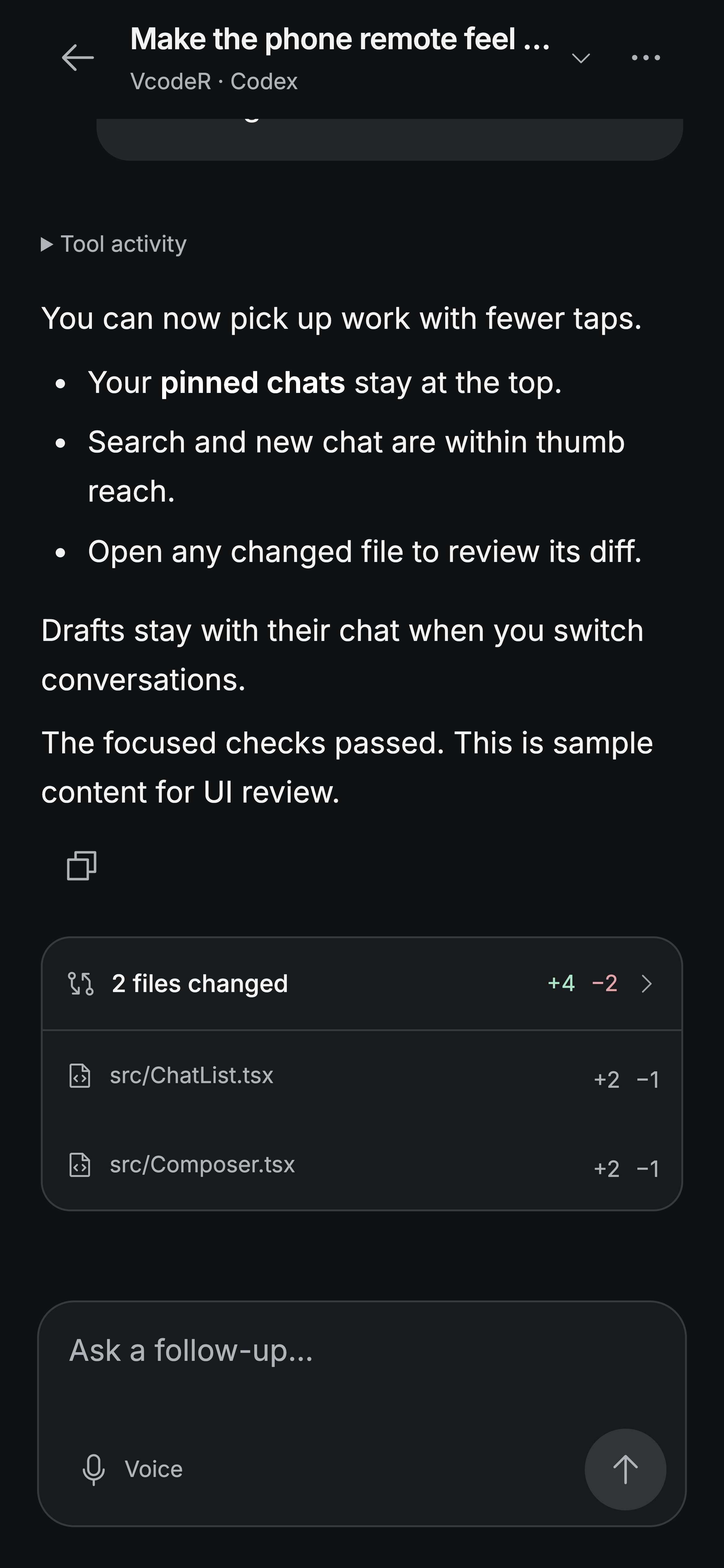 Actual VcodeR Phone conversation UI with illustrative task data
